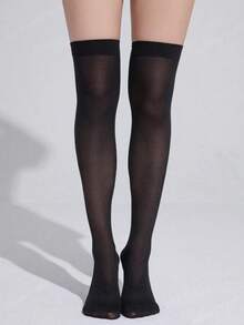 1 Pair Fashionable & Versatile Nylon Thigh High Socks, Cozy Socks - Black - View 4