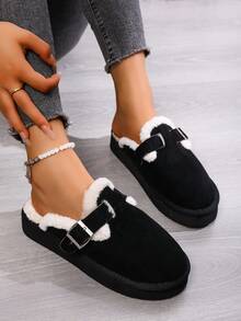 Pantoufles fourrées grande taille pour femmes, semelle épaisse, chaussons fourrés à enfiler fermés pour l'automne/l'hiver - Noir - Voir 2