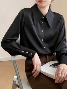 女士优雅法式尖领缎面百搭通勤都市职业衬衫，黑色缎面长袖休闲上衣，丝滑柔软面料，适合办公室和商务会议，适合春、夏、秋、冬，纯色前扣 - 黑色 - 查看 2