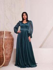 Long Dress Puff Sleeve Graduation Party Wedding Bridesmaid Guest - 綠色 - 查看 1