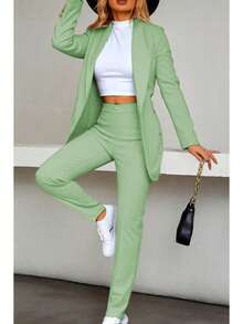 Elegante conjunto de traje azul de manga larga para mujer con cuello chal pantalones largos y detalles de botones - verde menta - Ver 1