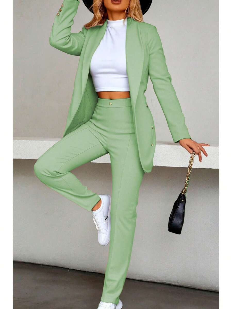Elegante conjunto de traje azul de manga larga para mujer con cuello chal pantalones largos y detalles de botones - verde menta - Ver 1