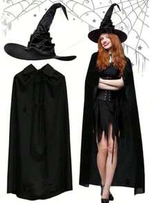 1pc/2pcs Halloween Cloak Set, Vampire Witch Costume, Ruched Witch Hat, Single Layer Black Grim Reaper Cloak Cape, Masquerade Performance Outfit - الأسود - مشاهدة 1