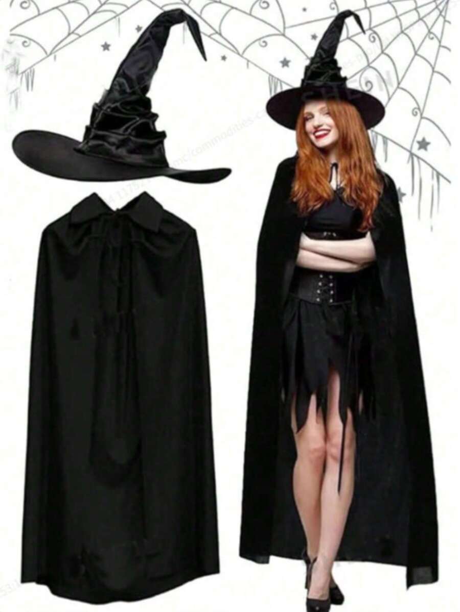 1pc/2pcs Halloween Cloak Set, Vampire Witch Costume, Ruched Witch Hat, Single Layer Black Grim Reaper Cloak Cape, Masquerade Performance Outfit - الأسود - مشاهدة 1