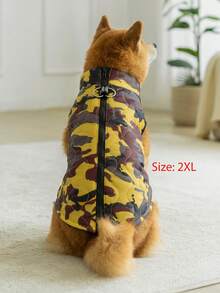 1pc Brown & Yellow Diagonal Geometric Camouflage Print Quilted Cotton Dog Coat With Back Zipper, Washable Pet Jacket Suitable For Large, Medium And Small Dogs, For Indoor Or Outdoor Wear