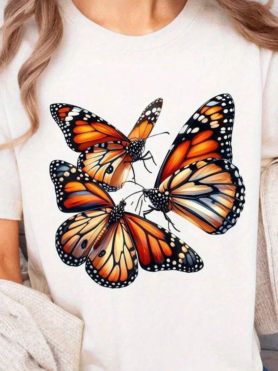 Monarch Butterfly Print Crew Neck T-Shirt - Blanco - View 1