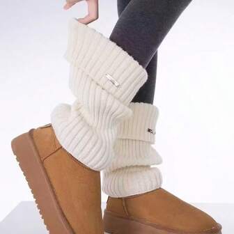 1 par de calentadores de pierna de punto acrílico de unicolor y estilo casual con etiqueta de metal, un regalo de Navidad de estilo callejero versátil