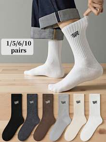 1/3/5/6/10 Pairs Men's Crew Socks Mid-Calf Socks Sports Men's Mid-Tube Socks Men's Solid Color Deodorant Wicks Men's Socks Basketball Sport Black And White Stockings