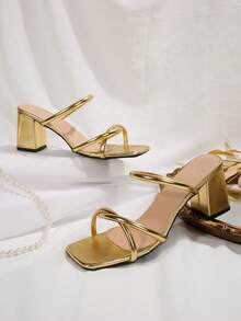 1双带粗跟高跟穆勒凉鞋，法式系带高跟凉鞋，新款女士派对鞋，夏季搭配连衣裙，百搭 - 金色 - 查看 4