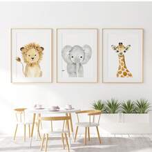 1件主题婴儿房墙面装饰画，适合男孩房、中性婴儿房，图案包含大象、狮子和长颈鹿，防水，可用作床头墙纸、派对装饰礼品。