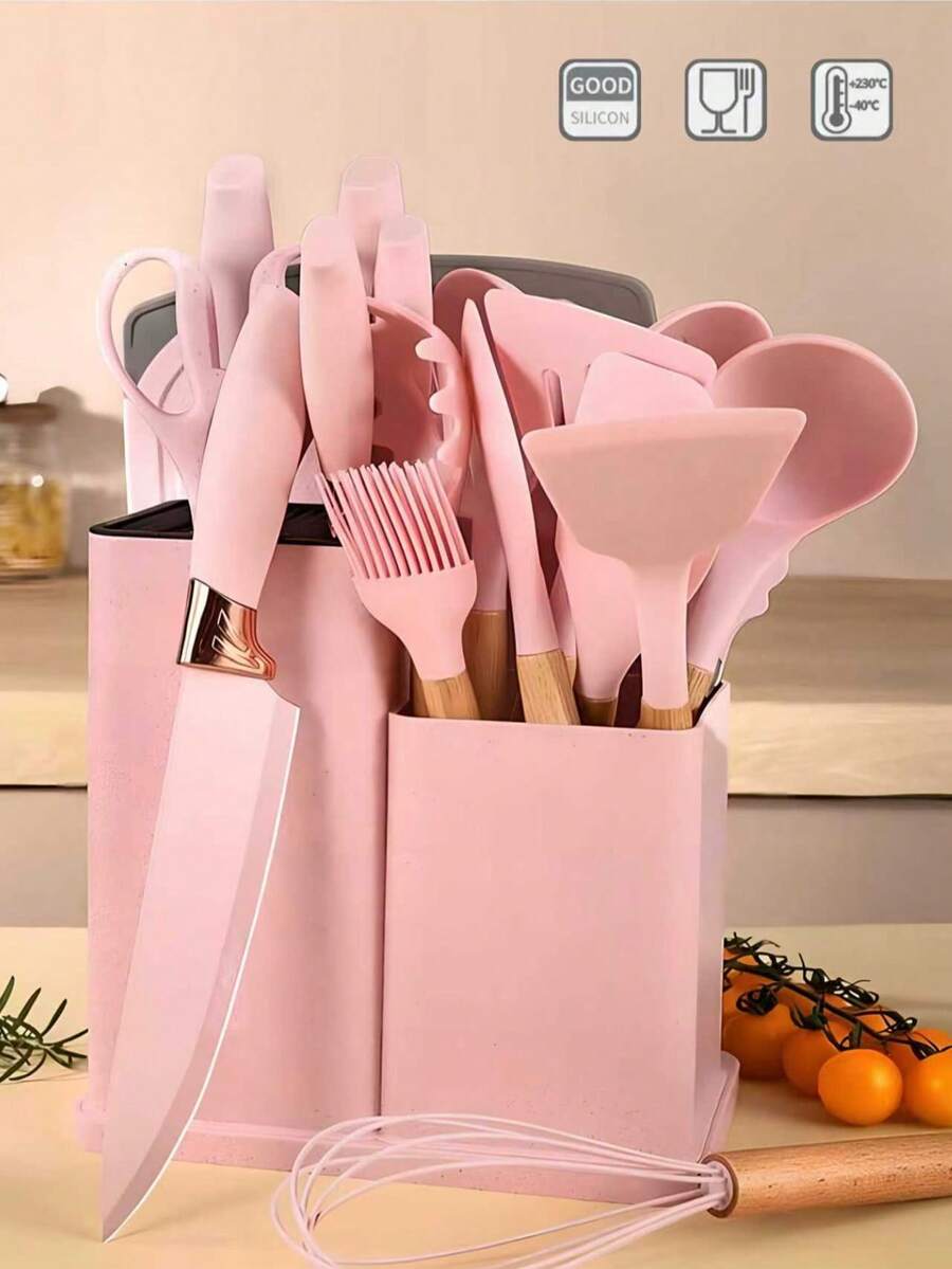(H)19 Pieces Of Silicone Knife Set Multi-Functional Combination Includes Stainless Steel Knife Set, Bread Knife, Boning Knife, Meat Chopping Knife Multi-Size Knives Cover Cutting And Matching Needs Cost-Effective, Including Silicone Spatula, Spatula, Tongs, Egg Beater, Stuffing, And Food Can Be Used 2025 Flow Model Adapt To All Kinds Of Pots And Pans No Scratch Coating All-Round Kitchen Tool Non-Slip Handle, Hands Are Wet And Not Slippery When Cutting Vegetables No Acidity After Long-Term Use Suitable For Daily High-Frequency Meal Preparation, Durable And Anti-Aging, Long-Term Use Will Not Turn Yellow Or Harden,Kitchen Accessories,Thanksgiving Decorations,Navidad Decoracion 2025,Apartment Essentials,Kitchen Essentials,Cutting Board,Viking - 粉色 - 查看 1