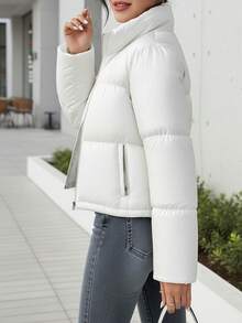 Women's Short Stand Collar Padded Coat, Minimalist Design, Fluffy Texture, Neat Tailoring, Puffy Padded Coat - White - View 3