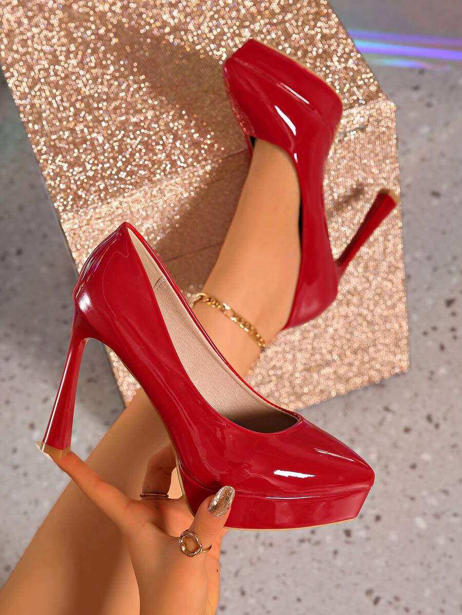 Giày cao gót đế xuồng 12cm, mũi nhọn, gót dày, da bóng gợi cảm, giày cao gót thấp, màu trắng, màu da, 10cm, 13cm, màu đỏ - Đỏ - Xem 1