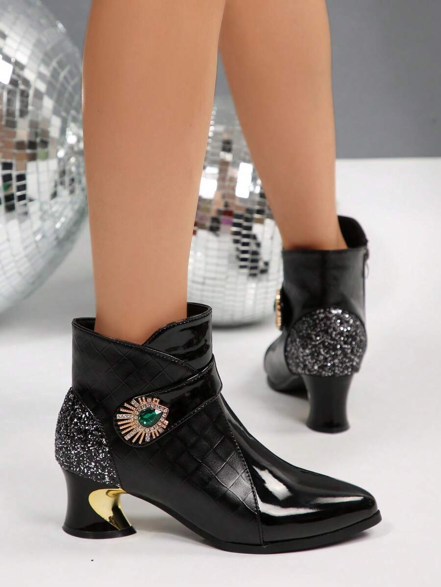 Fashionable British Style Mid-Heel Ankle Boots, Gem Decor Design, Pointed Toe Retro Mid-Heel Short Boots, Versatile Black Plaid Side Zipper Closure Chelsea Boots