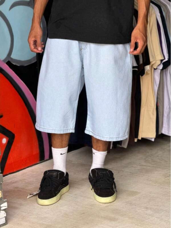 bermuda jeans claro lisa jorts baggy largo skate balao premium hip hop sow  Todos    Solto    Zíper  Botão