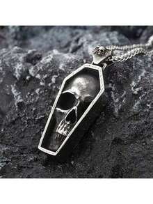 Punk Men Necklace Jewelry Accessories Hip Hop Vintage Coffin Skull Pendant Necklace For Men Birthday/Anniversary/Holiday Gifts For Him Everyday Jewelry, Elegant Accessory - 復古銀色 - 查看 1