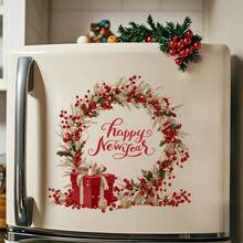 1 Stück Festlicher Weihnachtskranz Wandaufkleber - Abnehmbarer Kiefernzweig & Beeren Aufkleber mit rotem Geschenk, perfekt für Tür, Wand, Fenster oder Kühlschrankdekoration, ideal für Feierlichkeiten, Weihnachtsdekorationen