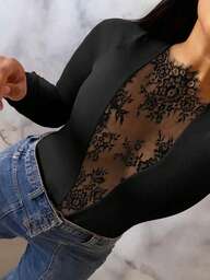 Camiseta de manga larga de unicolor para mujer para primavera y otoño - Estilo elegante, sexy y audaz con paneles de encaje transparente, adecuada para citas por la noche y uso diario, tallas grandes disponibles