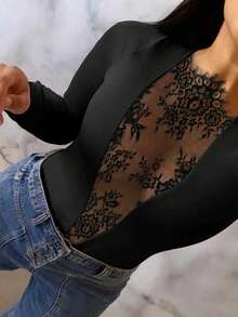 女士纯色长袖T恤，春秋季款 - 优雅、性感、独特，采用透视蕾丝拼接设计，适合晚宴、约会和街头穿着，尺码齐全，包括加大码，黑色 - 黑色 - 查看 1