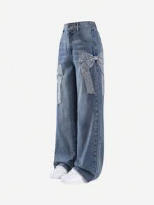 1pc Girls Casual Street Style Comfortable Everyday Versatile Applique Big Bow Blue Snowflake Washed Denim Jeans - Light Wash - View 3