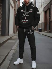 2件套男士秋季字母印花连帽衫和裤子套装 - 彩色 - 查看 1