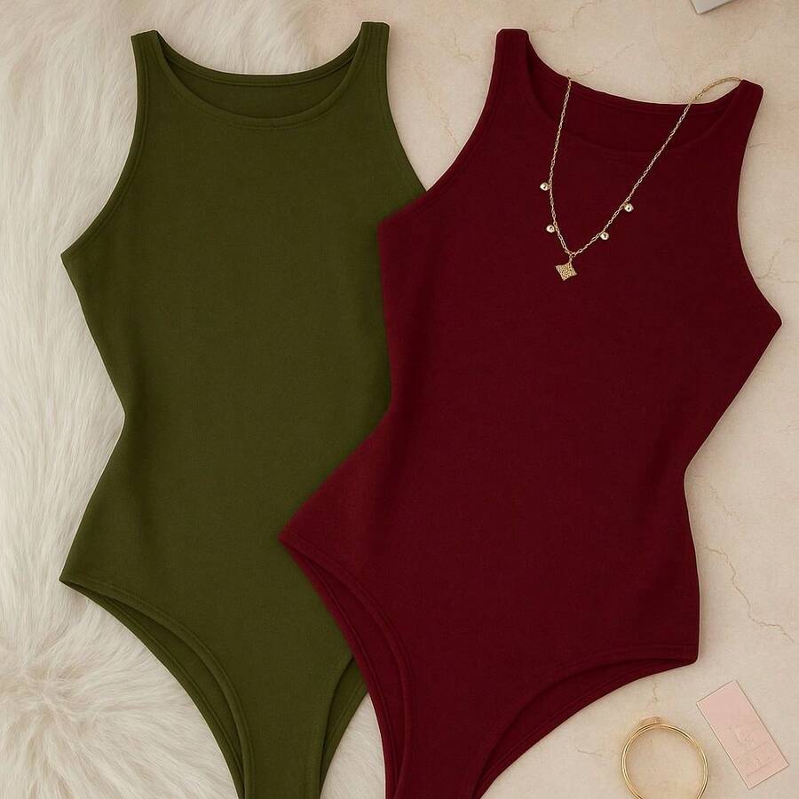 Kit 2 Bori Women's Bodysuits Basic Tank Top Casual Style Lined Second Skin Leotard Chic Timeless - 軍酒/綠 - 查看 1