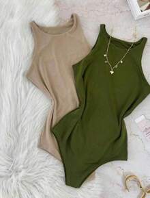 Kit 2 Bori Women's Bodysuits Basic Tank Top Casual Style Lined Second Skin Leotard Chic Timeless - 裸色/軍綠色 - 查看 2