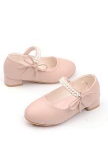 Girls Pearl Princess Shoes, White Leather Shoes, Mid-Heel, Spring/Autumn