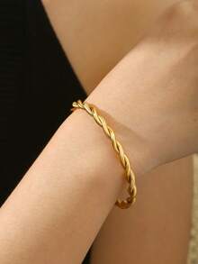 TONSI 1pc Elegant Charming Minimalist Chic Stainless Steel 18K Gold Plated Spiral Twist Bangle Bracelet, Suitable For Summer, Workday, Party, Women Jewelry