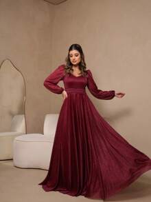 Long Dress Puff Sleeve Graduation Party Wedding Bridesmaid Guest - Redwood - View 1