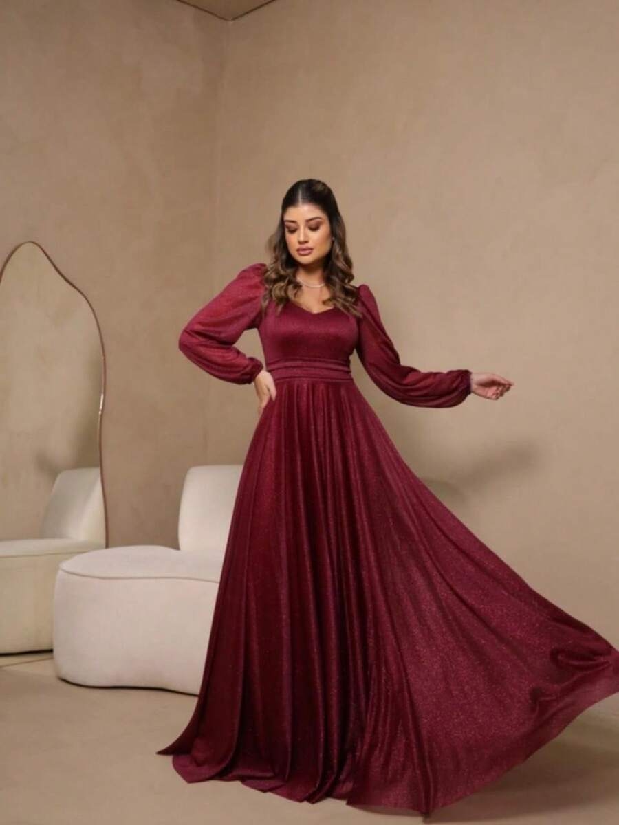 Long Dress Puff Sleeve Graduation Party Wedding Bridesmaid Guest - Redwood - View 1