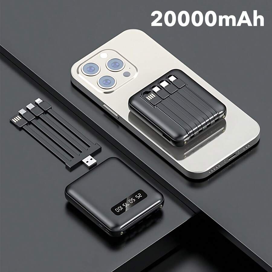 Power Bank 20000mAh Portable Battery, All-In-One Power Bank With Fast Charging, Digital LED Display, 4 Built-In Cables And Flashlight - Black - View 1