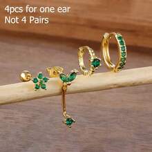 4pcs/Set Single Ear Cuff Jewelry Set, Includes Zirconia Earrings, Stainless Steel Stud Earrings, And Copper J-Shaped Hoop Earrings, Cartilage Piercing Accessories, Gift For Valentine's Day, Mother's Day - Flower - View 2