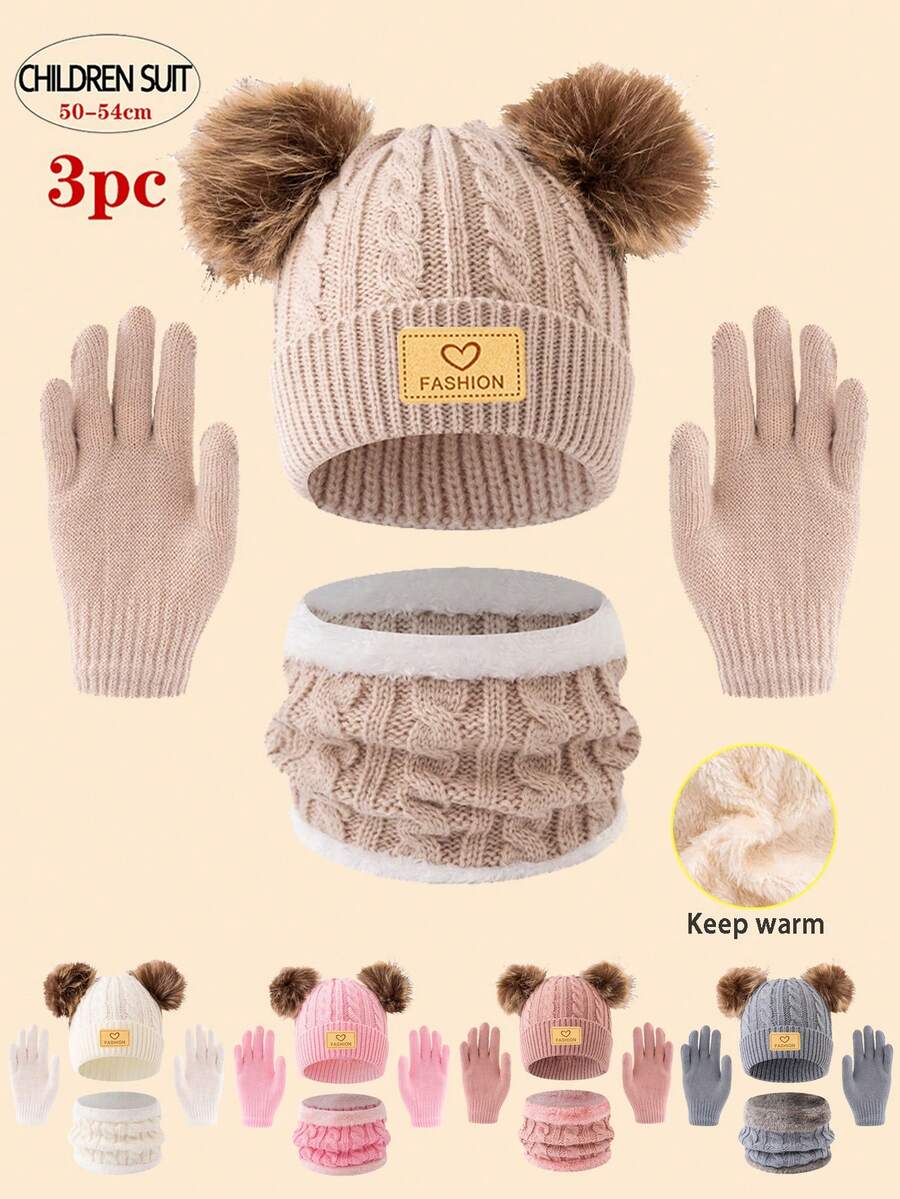 3pcs Kids Knitted Hat/Scarf/Gloves Set, 7 Colors Available, Thick Warm Winter Outfit, Minimalist Cute Fashion, Suitable For 3-12 Years Old Children Outdoor Hiking/Skiing And Daily Winter Wear