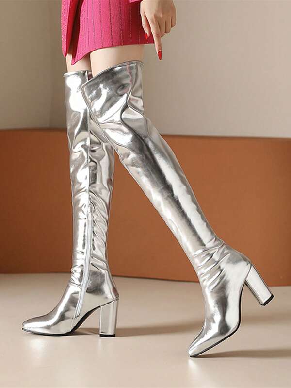 European & American Fashion Pointed Toe Chunky Heel Thigh High Boots For Women, Patent Leather Versatile Slim Leg Boots, Sexy Street Style, Suitable For Autumn/Winter