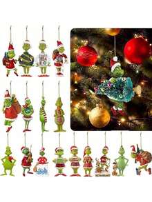5pcs Grinchs 2025 New Christmas Decorations Hanging Ornaments, 2D Acrylic Christmas Tree Decorations, Car Decor, Christmas Atmosphere Decor, Party Favors