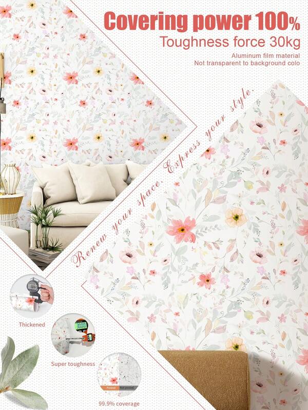 1 rollo de 1m/3m/5m de papel tapiz con estilo artístico floral y de hojas vintage blanco/rosa/azul, adecuado para renovación del hogar, decoración de habitaciones, reacondicionamiento de gabinetes, decoración de baños, paredes de vinilo, papel tapiz de aluminio, con fondo no transparente, para cubrir manchas, flexible y resistente a desgarros, fácil de limpiar, papel tapiz autoadhesivo