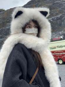 1 件可爱狐狸耳朵毛绒帽子，附带围巾，女士冬季保暖耳帽，多功能学生围脖，防寒 - 彩色 - 查看 4