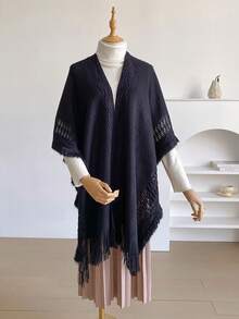 1 chiếc khăn choàng đan hở hở màu trơn, khăn choàng len ấm áp phong cách Bohemian dành cho nữ khi đi du lịch, thích hợp mặc hàng ngày, mặc vào mùa thu/đông - màu đen - Xem 3
