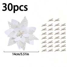 30pcs/20pcs/10pcs/1pc Christmas Tree Decorations, Fake Flowers, Cute Artificial Poinsettia Christmas Tree Decorations, Christmas Flowers, Poinsettia, Glitter Artificial Christmas Flowers, Fake Flowers, DIY Wreaths, Home Decor, Wedding Party, Gift Decorations, Holiday Party Decorations, Christmas/Holiday/Seasonal/Wedding Christmas Tree Decorations, Sparkling Winter Shrub Decor (White) Christmas Decorations Room Decor