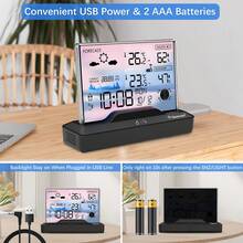 Termómetro inalámbrico Geevon para interiores/exteriores con pantalla a color - Temperatura digital, calendarios, presión barométrica y pronóstico del tiempo, funciona con batería, monitor de temperatura interior | Diseño de termómetro moderno | Body de plástico resistente, estación meteorológica