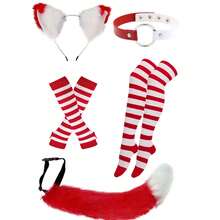 5pcs Cat, Wolf, Fox Tail Headband, Elastic Striped Gloves, Striped Thigh High Socks, Contrast Color Collar, Costume Set Suitable For Party Cosplay - Pink Purple Stripes - View 7