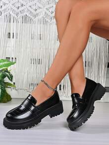 女士黑色皮革乐福鞋，复古圆头，粗跟，一脚蹬，通勤，英伦风，春秋季 - 黑色 - 查看 1