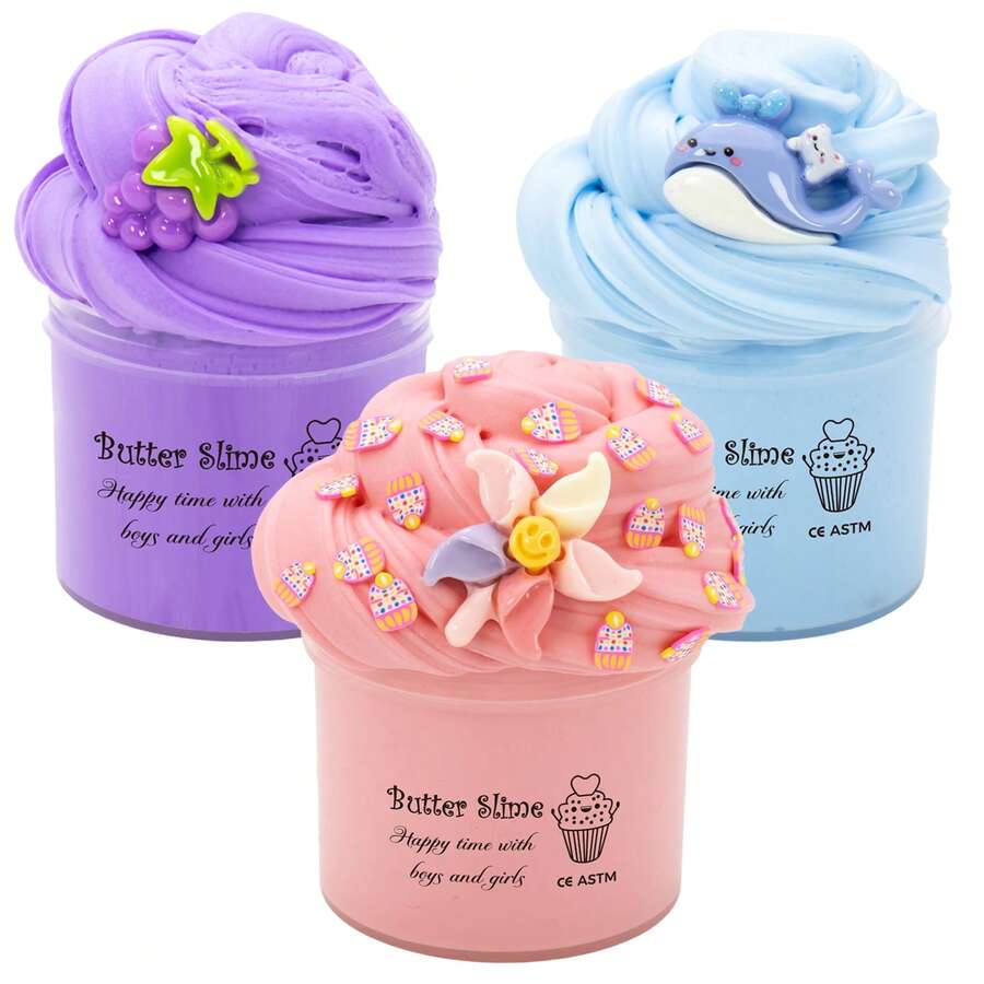 1pc/3pcs Scented Butter Slime Set, Includes Whale & Grape Pendant - Stretchy Non-Sticky Stress Relief Toy, Christmas Gift, Party Favor, Suitable For Boys & Girls - Multicolor - View 1