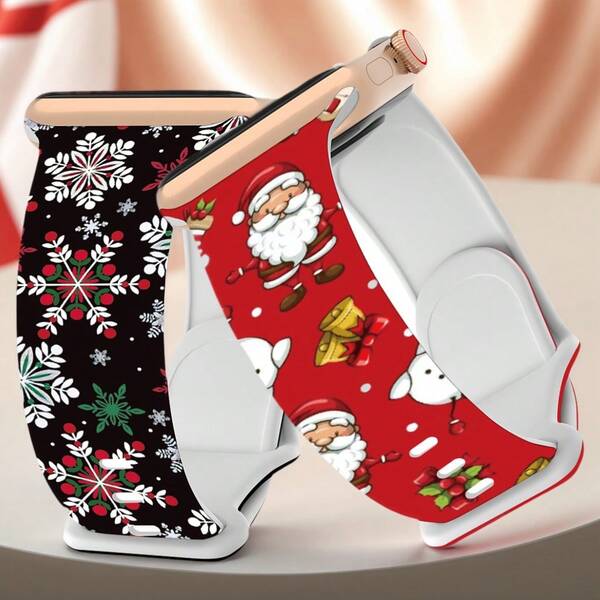 Christmas Holiday Silicone Band Compatible With Apple Watch Strap 38mm 40mm 41mm 42mm 44mm 45mm 46mm 49mm Festive Santa Snowflake Pattern, Soft Stretchable Sport Waterproof Comfortable Watchbands For Apple Watch Series 11 10 9 Ultra 8 7 6 5 4 3 2 1 SE