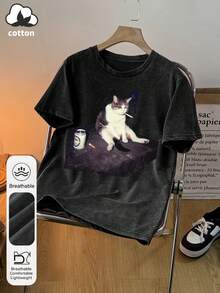 大码女式夏季趣味吸烟猫图案印花圆领短袖简约休闲日常黑色水洗T恤上衣，吸烟猫印花女式上衣，趣味小猫印花女式夏季服装，酷炫猫咪印花夏季上衣 - 黑色 - 查看 3
