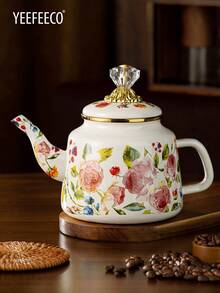 yeefeeco 1PC 1.2L木柄珐琅咖啡壶，玫瑰印花咖啡壶，短木柄珐琅壶，钻石顶玫瑰图案珐琅壶，欧式城堡风格咖啡壶，茶壶，炉头，油壶，调味罐，玫瑰印花糖罐，茶叶罐，咖啡豆罐，调味罐，适用于家庭，咖啡店，庭院，沙特国庆 - Enamel Pot - 查看 7