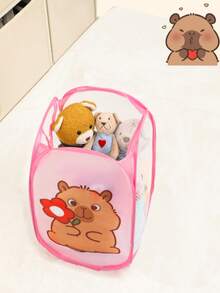 1pc Foldable Cartoon Animal Pattern Mesh Storage Basket With Handle, Suitable For Indoor/Outdoor Snacks, Toys, Clothes Storage, Baby & Kids