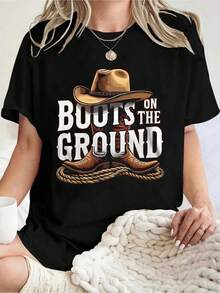 Plus Size Women's Casual T-Shirt Women's Boots On The Ground Cowboy Hat & Boots Print For Outdoor Activities 220g