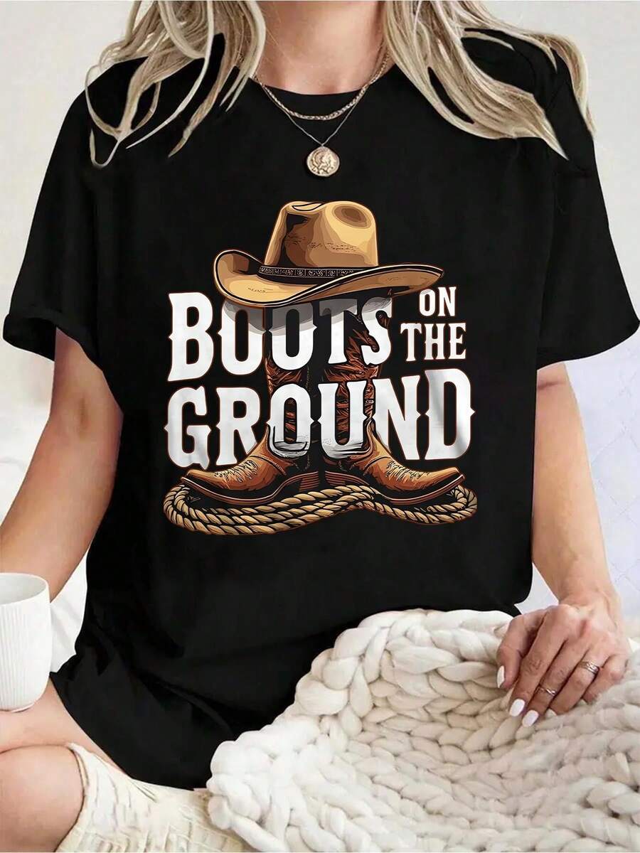 Plus Size Women's Casual T-Shirt Women's Boots On The Ground Cowboy Hat & Boots Print For Outdoor Activities 220g